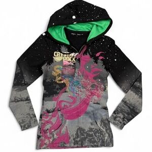Crystal Rock by Christian Audigier Rhinestone Graphic Zip Hoodie  Size: S